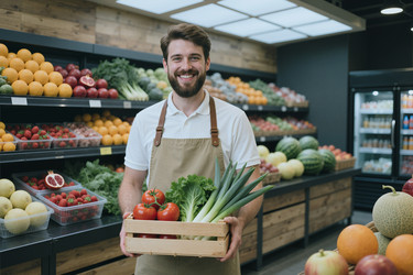 Портрет взрослого мужчины, держащего свежие продукты в продуктовом магазине. - SeventyFour