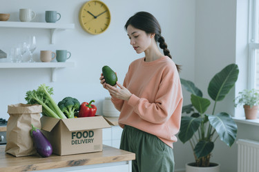 Взрослая женщина проверяет авокадо из коробки с продуктами, доставленной курьером, у себя дома. - AnnaStills