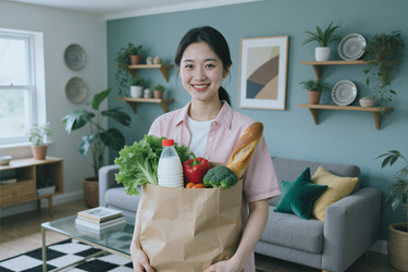 Портрет азиатской женщины, держащей продуктовый пакет, для здорового образа жизни в доме. - AnnaStills