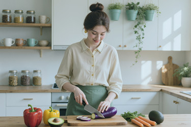 Взрослая женщина готовит полезные овощи для домашней кухни. - AnnaStills