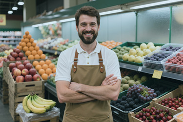 Портрет взрослого мужчины, стоящего в отделе овощей и фруктов продуктового магазина. - SeventyFour