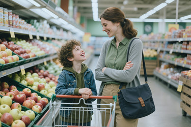 Мать и сын покупают свежие продукты в продуктовом магазине. - AnnaStills