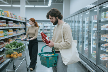 Взрослый мужчина сравнивает этикетки на продуктах питания во время похода в продуктовый магазин. - SeventyFour
