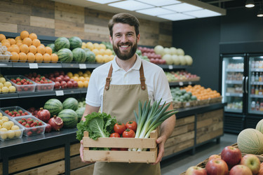 Портрет взрослого продавца свежих продуктов на органическом рынке. - SeventyFour