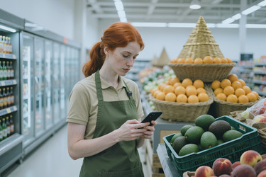 Женщина-продавщица в продуктовом магазине проверяет свой смартфон в отделе овощей и фруктов. - SeventyFour