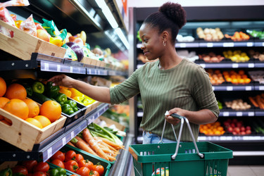 Темнокожая женщина выбирает свежие продукты для здорового питания во время покупок в продуктовом магазине. - SeventyFour