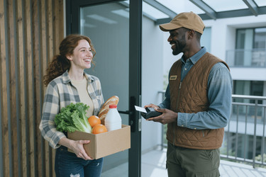 Чернокожий мужчина доставляет продукты взрослой женщине на дом. - SeventyFour