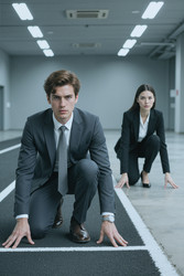 Портрет бизнесмена и бизнесвумен, готовящихся к гонке - Pressmaster