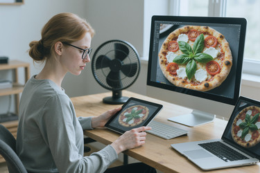 Взрослая женщина редактирует фотографии продуктов питания для ресторанного маркетинга - Mediaphotos