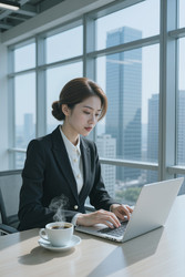 Азиатская бизнесвумен работает за ноутбуком в офисе для корпоративного использования - Pressmaster