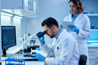 Взрослые ученые анализируют образцы в медицинской исследовательской лаборатории - AnnaStills