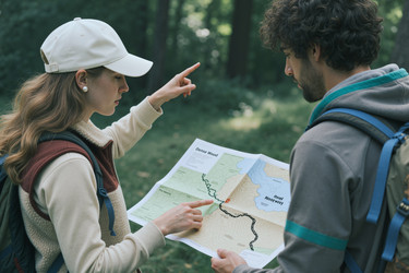 Взрослая пара, планирующая пеший маршрут с картой в forest travel - SeventyFour