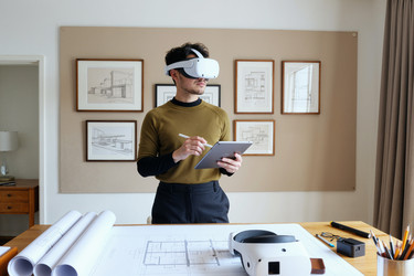 Взрослый мужчина, использующий vr-гарнитуру и планшет для архитектурного проектирования - Mediaphotos