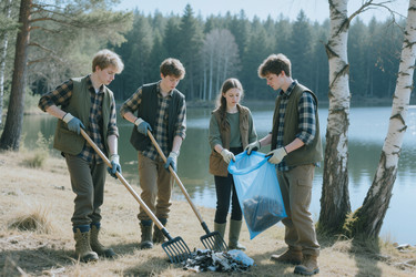 Подростки убирают берег озера во время экологической волонтерской кампании - Mediaphotos