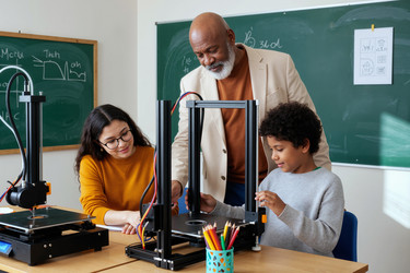 Чернокожий старший преподаватель руководит учениками с помощью 3d-принтера в классе - AnnaStills