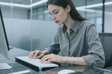 Взрослая женщина печатает на компьютере в офисе для деловой работы - Pressmaster