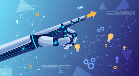 Роботизированная рука указывает на объект на фоне технических иконок - artshock