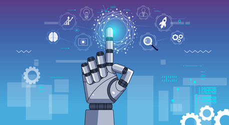 Роботизированная рука указывает на объект на фоне технических иконок - artshock