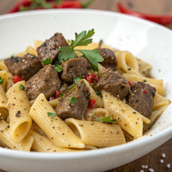 Вкусная паста с кубиками говядины, украшенная свежей зеленью. Генеративный искусственный интеллект - RomanZ