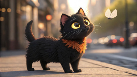 Анимированный черный кот в стиле Pixar исследует городские улицы с любопытством. Генеративный ИИ - RomanZ