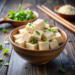 Кубики тофу в миске на деревянном столе с травами. Генеративный искусственный интеллект - RomanZ