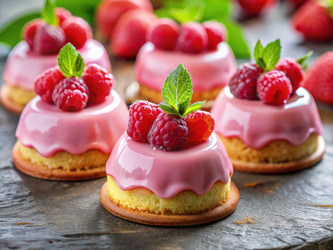 Вкусные мини-пирожные с малиновым йогуртом, свежими ягодами и мятой. Генеративный искусственный интеллект - RomanZ