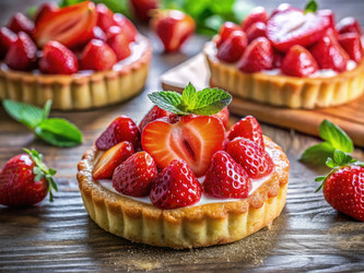 Вкусный клубничный пирожок на деревянном столе со свежими листьями мяты. Генеративный искусственный интеллект - RomanZ