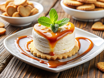 Вкусный десерт из рикотты в форме сердца с сиропом на деревянном столе. Генеративный искусственный интеллект - RomanZ