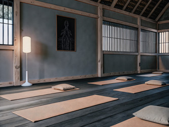 Студия йоги Serene Yoga Studio, отличающаяся минималистичным дизайном и атмосферой спокойствия. Генеративный искусственный интеллект - RomanZ