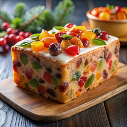 Фруктовый кекс, украшенный разноцветной посыпкой, на деревянной подставке. Генеративный ИИ - RomanZ