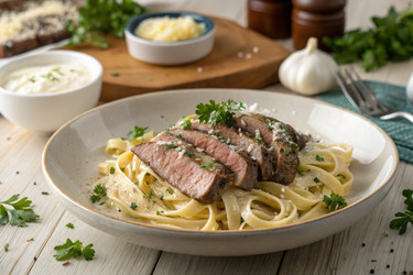 Вкусный стейк Альфредо, поданный с травами и чесноком. Генеративный искусственный интеллект - RomanZ
