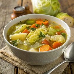 Вкусный капустный суп для сжигания жира в уютной кухонной обстановке. Генеративный ИИ - RomanZ