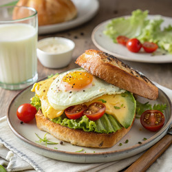 Вкусный золотистый сэндвич из бриоши с яйцом и овощами. Генеративный искусственный интеллект - RomanZ