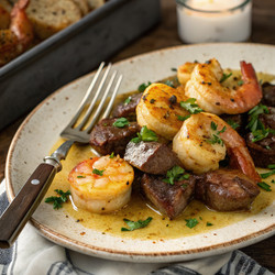 Вкусное блюдо из креветок и говядины, поданное на деревенской тарелке. Генеративный искусственный интеллект - RomanZ
