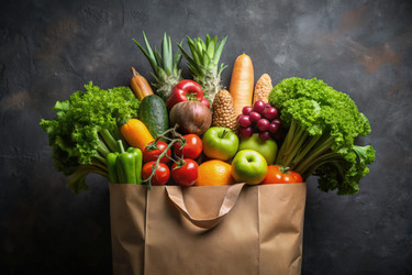 Разнообразие свежих и полезных продуктов в бумажном пакете. Генеративный искусственный интеллект - RomanZ