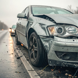 Автомобильная авария на дождливой дороге с поврежденными транспортными средствами. Генеративный ИИ - RomanZ