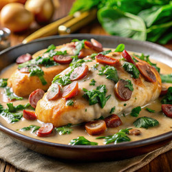 Вкусное блюдо из курицы с травами и овощами в соусе. Генеративный искусственный интеллект - RomanZ