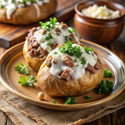 Вкусные запеченные картофельные дольки с нежной говядиной и травами. Генеративный ИИ - RomanZ