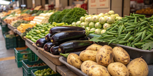 Свежие продукты, выставленные на оживленном рынке при дневном свете. Генеративный искусственный интеллект - RomanZ