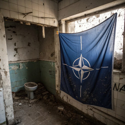 Старый туалет с флагом НАТО в полуразрушенном здании. Генеративный ИИ - RomanZ