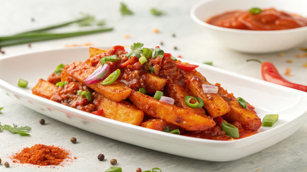 Вкусный острый картофель фри со свежей зеленью и соусом. Генеративный искусственный интеллект - RomanZ