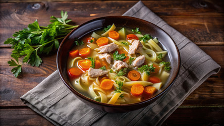 Вкусная тарелка куриного супа с лапшой на деревенском столе. Генеративный ИИ - RomanZ