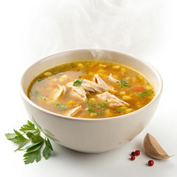 Вкусный куриный суп без овощей в тарелке. Генеративный ИИ - RomanZ