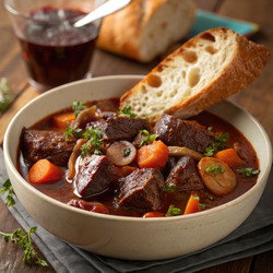 Вкуснейшее говяжье бургиньон, подаваемое со свежим хлебом и красным вином. Генеративный искусственный интеллект - RomanZ