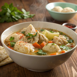 Вкуснейшее блюдо из курицы с клецками, подаваемое в теплой миске. Генеративный искусственный интеллект - RomanZ
