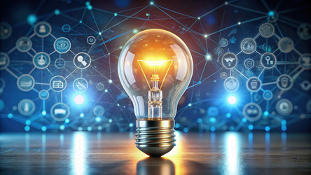 Инновационная концепция SEO-стратегии с использованием лампочки и цифровых иконок. Генеративный ИИ - RomanZ