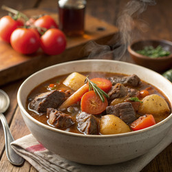 Уютное тушеное мясо с овощами и свежими помидорами. Генеративный искусственный интеллект - RomanZ