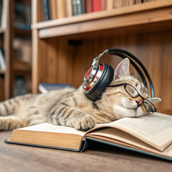 Милый кот в наушниках и очках отдыхает на книге. Генеративный ИИ - RomanZ
