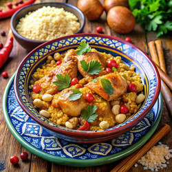 Красочная тарелка марокканского куриного тажина с кускусом. Генеративный ИИ - RomanZ