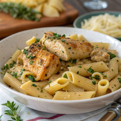 Вкусное блюдо из пасты с жареной курицей и травами. Генеративный искусственный интеллект - RomanZ